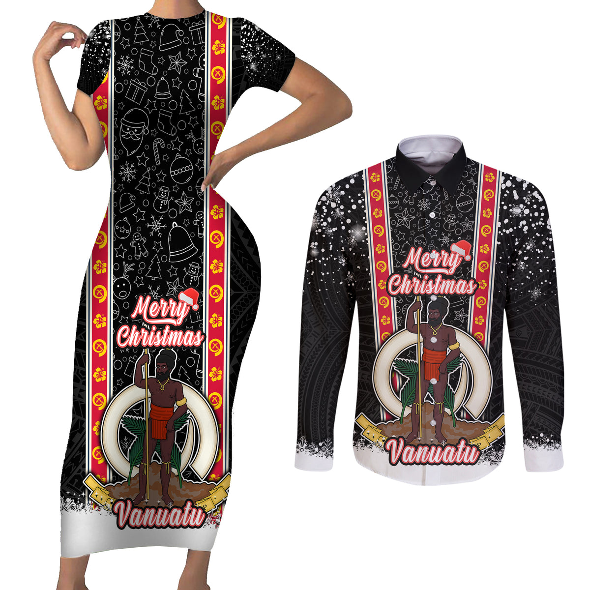 Personalised Vanuatu Christmas Couples Matching Short Sleeve Bodycon Dress and Long Sleeve Button Shirts Polynesian Tribal Snow Style LT03 Black - Polynesian Pride