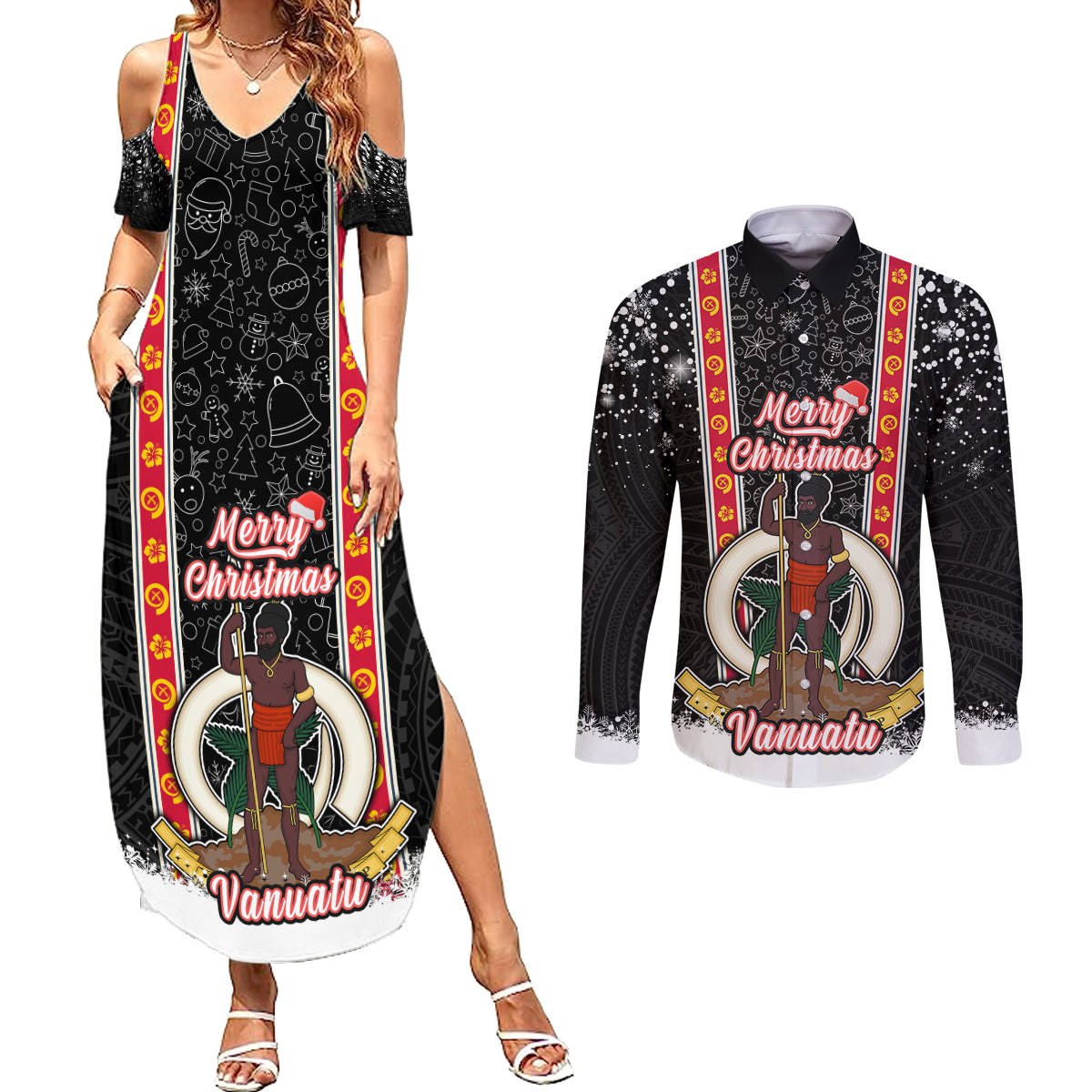 Personalised Vanuatu Christmas Couples Matching Summer Maxi Dress and Long Sleeve Button Shirts Polynesian Tribal Snow Style LT03 Black - Polynesian Pride