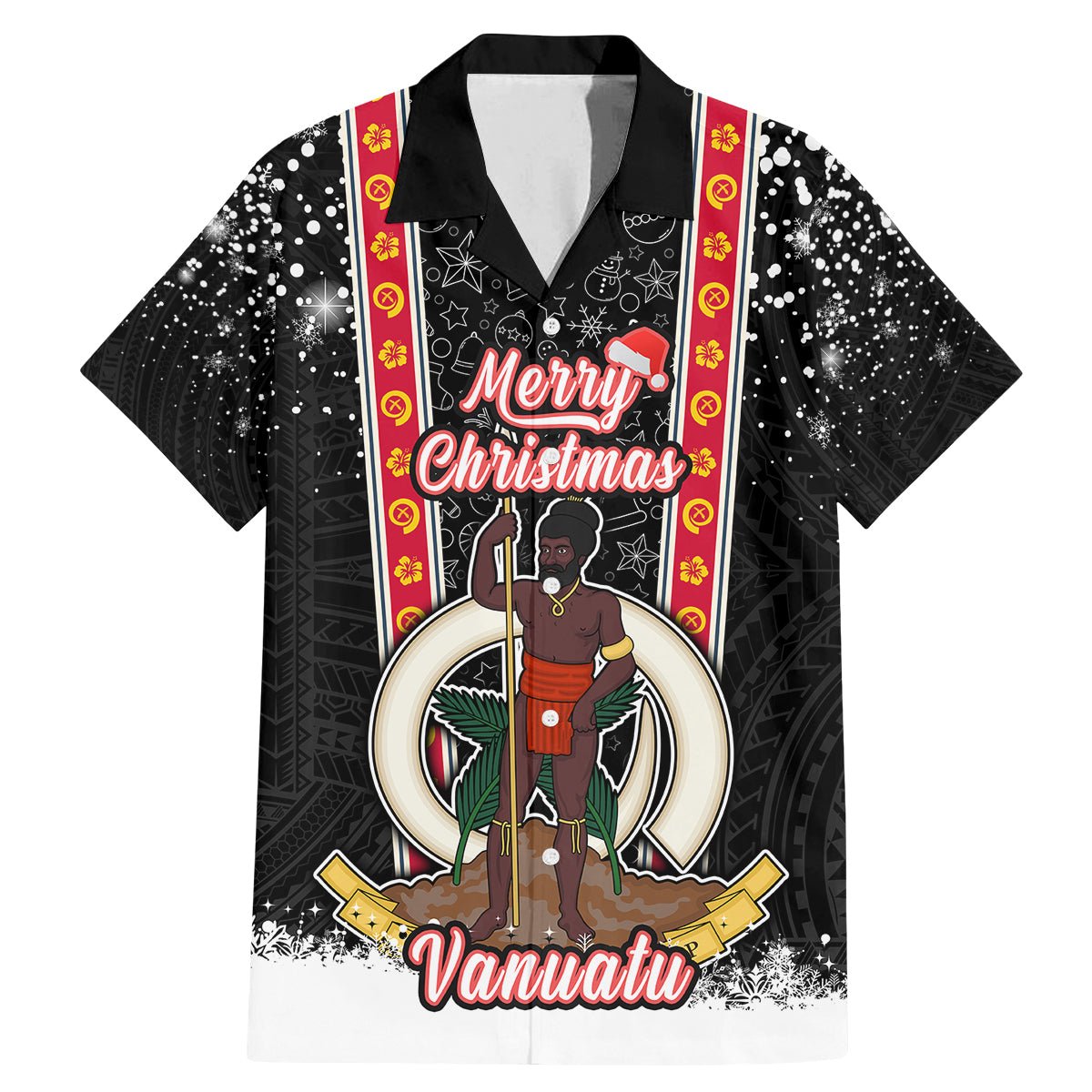 Personalised Vanuatu Christmas Family Matching Mermaid Dress and Hawaiian Shirt Polynesian Tribal Snow Style LT03 Dad's Shirt - Short Sleeve Black - Polynesian Pride