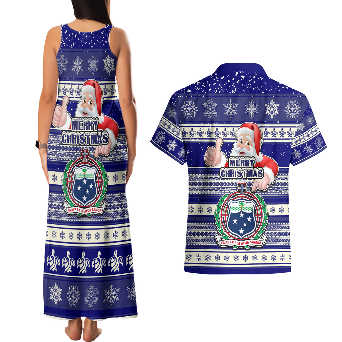 Samoa Christmas Couples Matching Tank Maxi Dress and Hawaiian Shirt The Santa Coat of Arms with Samoa Bracelet Pattern LT03 - Polynesian Pride
