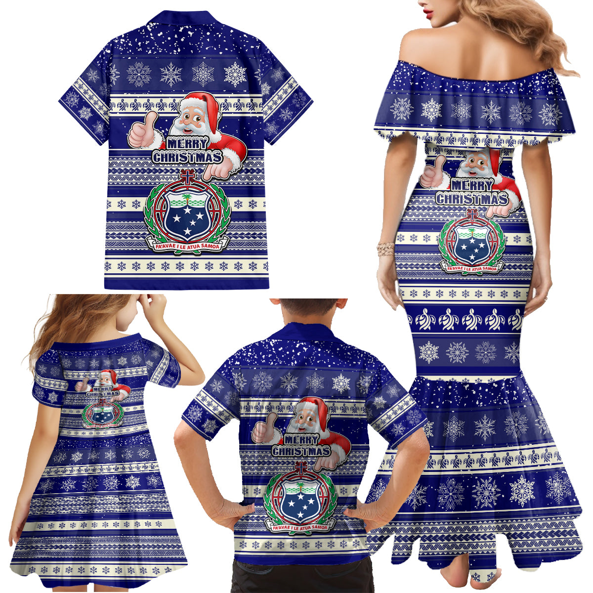 Samoa Christmas Family Matching Mermaid Dress and Hawaiian Shirt The Santa Coat of Arms with Samoa Bracelet Pattern LT03 - Polynesian Pride
