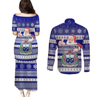 Custom Samoa Christmas Couples Matching Puletasi Dress and Long Sleeve Button Shirts The Santa Coat of Arms with Samoa Bracelet Pattern LT03 - Polynesian Pride
