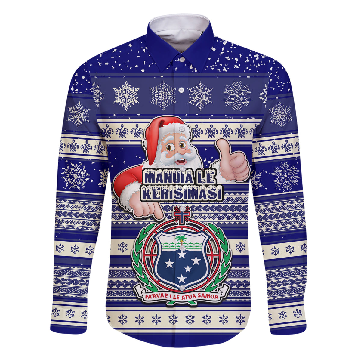 Custom Samoa Christmas Family Matching Short Sleeve Bodycon Dress and Hawaiian Shirt The Santa Coat of Arms with Samoa Bracelet Pattern LT03 Dad's Shirt - Long Sleeve Blue - Polynesian Pride