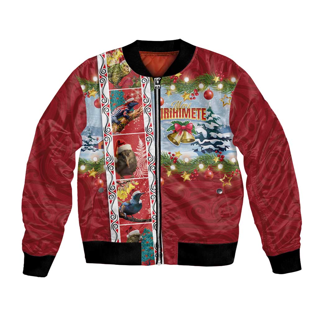 New Zealand Merry Christmas Bomber Jacket Maori Animals, Koru Tattoo - Red Xmas Style LT03 Unisex Red - Polynesian Pride