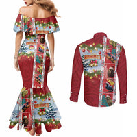New Zealand Merry Christmas Couples Matching Mermaid Dress and Long Sleeve Button Shirt Maori Animals, Koru Tattoo - Red Xmas Style