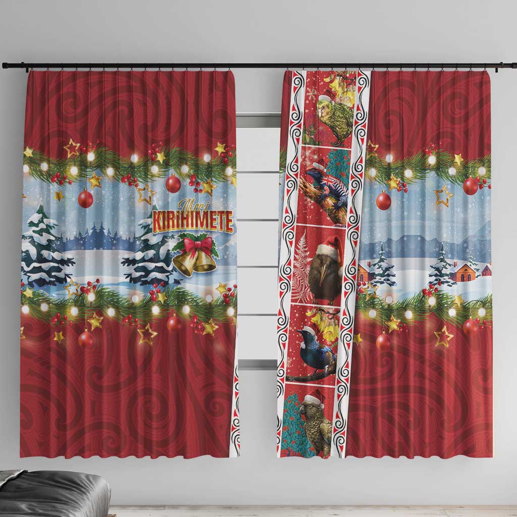 New Zealand Merry Christmas Window Curtain Maori Animals, Koru Tattoo - Red Xmas Style LT03 With Hooks Red - Polynesian Pride