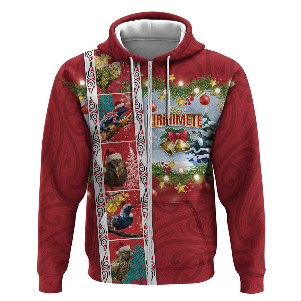 New Zealand Merry Christmas Zip Hoodie Maori Animals, Koru Tattoo - Red Xmas Style LT03 Zip Hoodie Red - Polynesian Pride