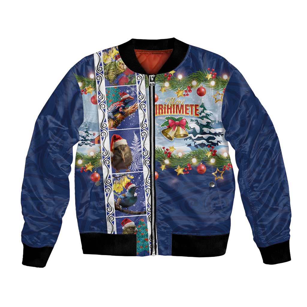 New Zealand Merry Christmas Bomber Jacket Maori Animals, Koru Tattoo - Blue Xmas Style LT03 Unisex Blue - Polynesian Pride