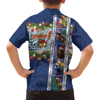 New Zealand Merry Christmas Family Matching Short Sleeve Bodycon Dress and Hawaiian Shirt Maori Animals, Koru Tattoo - Blue Xmas Style