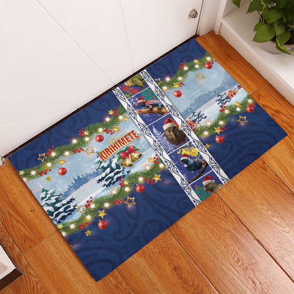 New Zealand Merry Christmas Rubber Doormat Maori Animals, Koru Tattoo - Blue Xmas Style