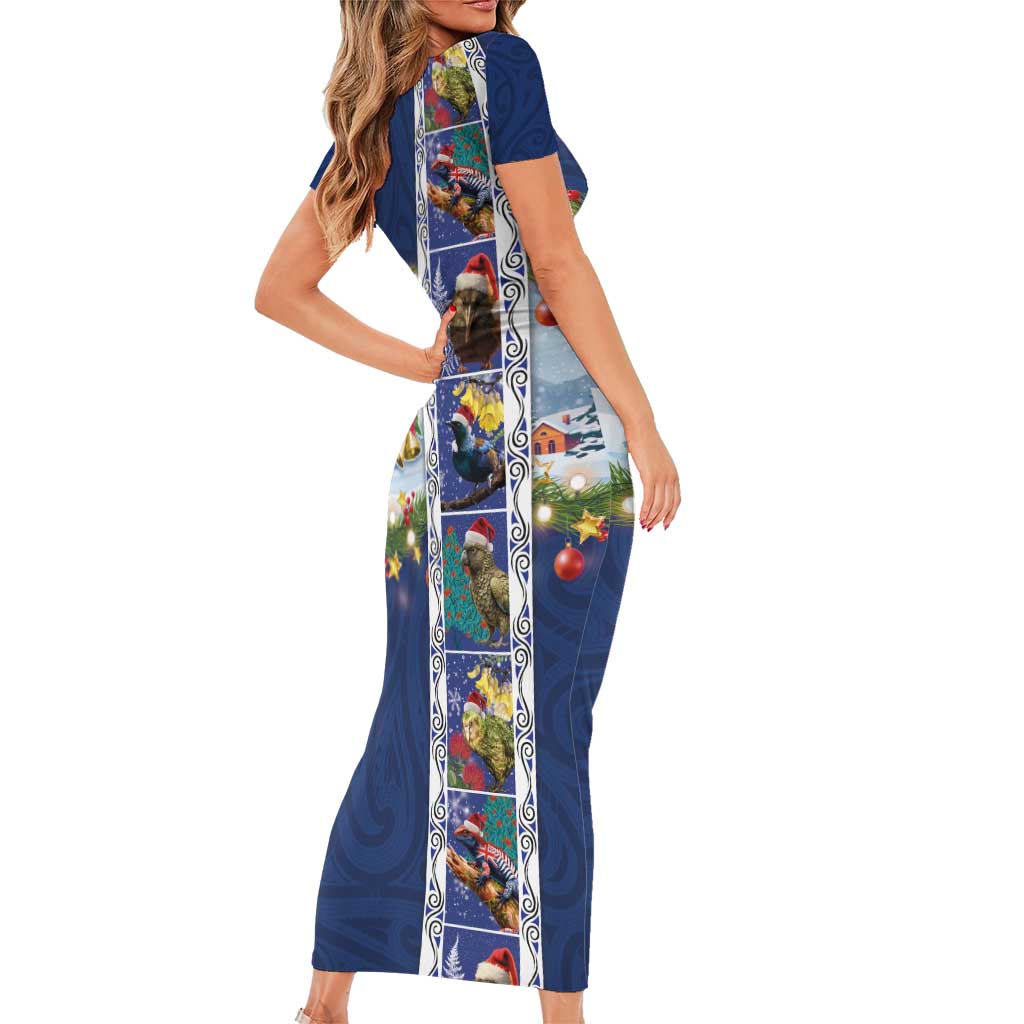 New Zealand Merry Christmas Short Sleeve Bodycon Dress Maori Animals, Koru Tattoo - Blue Xmas Style