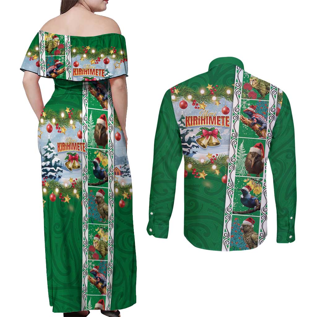 New Zealand Merry Christmas Couples Matching Off Shoulder Maxi Dress and Long Sleeve Button Shirt Maori Animals, Koru Tattoo - Green Xmas Style