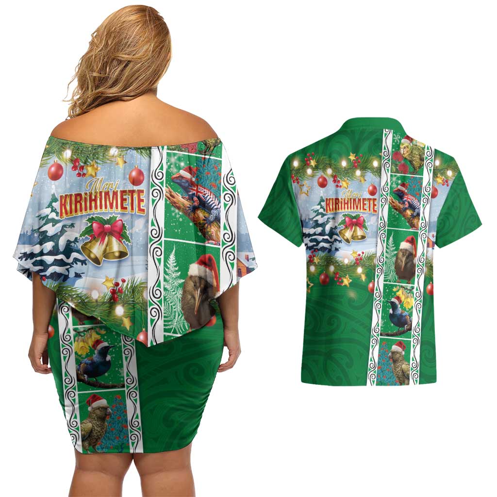 New Zealand Merry Christmas Couples Matching Off Shoulder Short Dress and Hawaiian Shirt Maori Animals, Koru Tattoo - Green Xmas Style