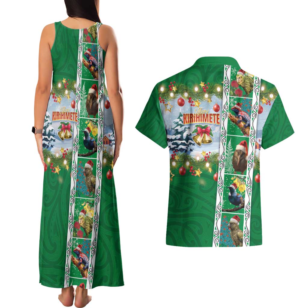 New Zealand Merry Christmas Couples Matching Tank Maxi Dress and Hawaiian Shirt Maori Animals, Koru Tattoo - Green Xmas Style