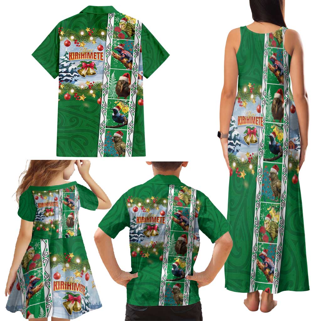 New Zealand Merry Christmas Family Matching Tank Maxi Dress and Hawaiian Shirt Maori Animals, Koru Tattoo - Green Xmas Style
