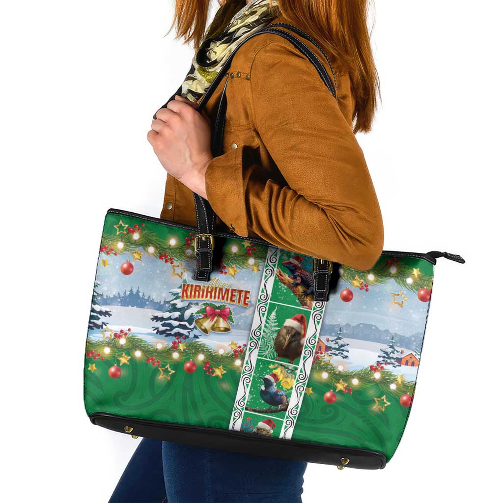 New Zealand Merry Christmas Leather Tote Bag Maori Animals, Koru Tattoo - Green Xmas Style LT03 Green - Polynesian Pride