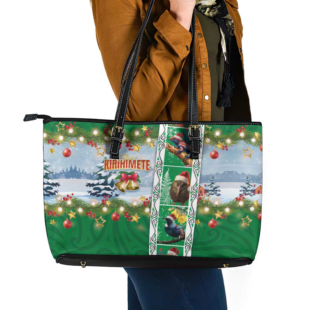 New Zealand Merry Christmas Leather Tote Bag Maori Animals, Koru Tattoo - Green Xmas Style