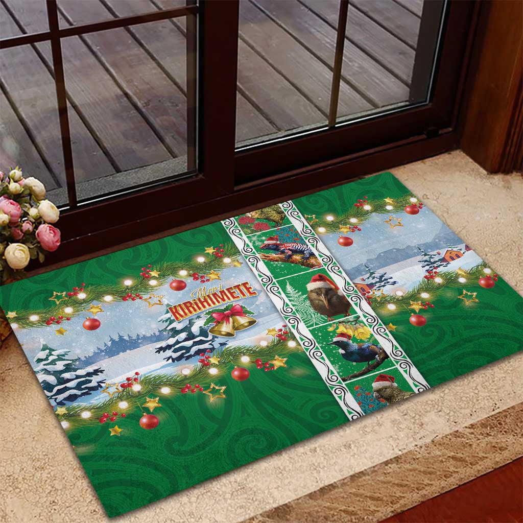 New Zealand Merry Christmas Rubber Doormat Maori Animals, Koru Tattoo - Green Xmas Style