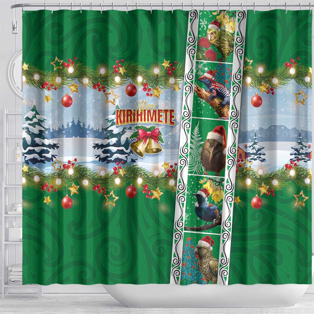 New Zealand Merry Christmas Shower Curtain Maori Animals, Koru Tattoo - Green Xmas Style