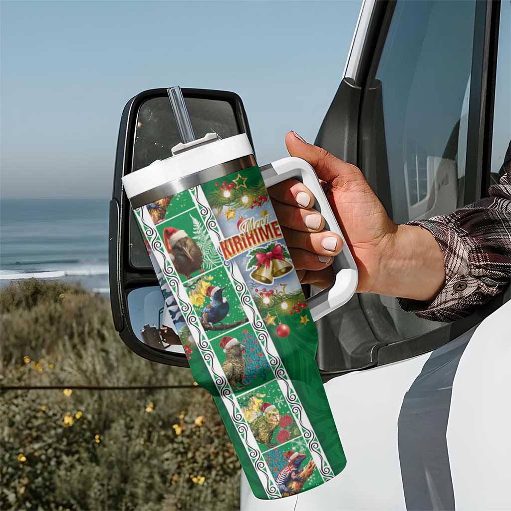 New Zealand Merry Christmas Tumbler With Handle Maori Animals Xmas Style and Koru Tattoo Green Color