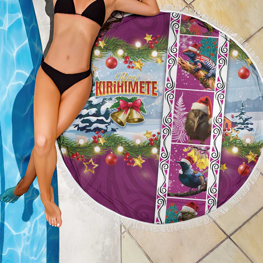 New Zealand Merry Christmas Beach Blanket Maori Animals, Koru Tattoo - Pink Xmas Style