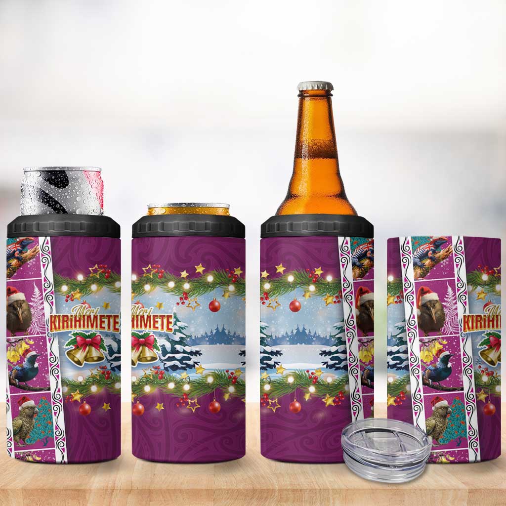 New Zealand Merry Christmas 4 in 1 Can Cooler Tumbler Maori Animals Xmas Style and Koru Tattoo Pink Color