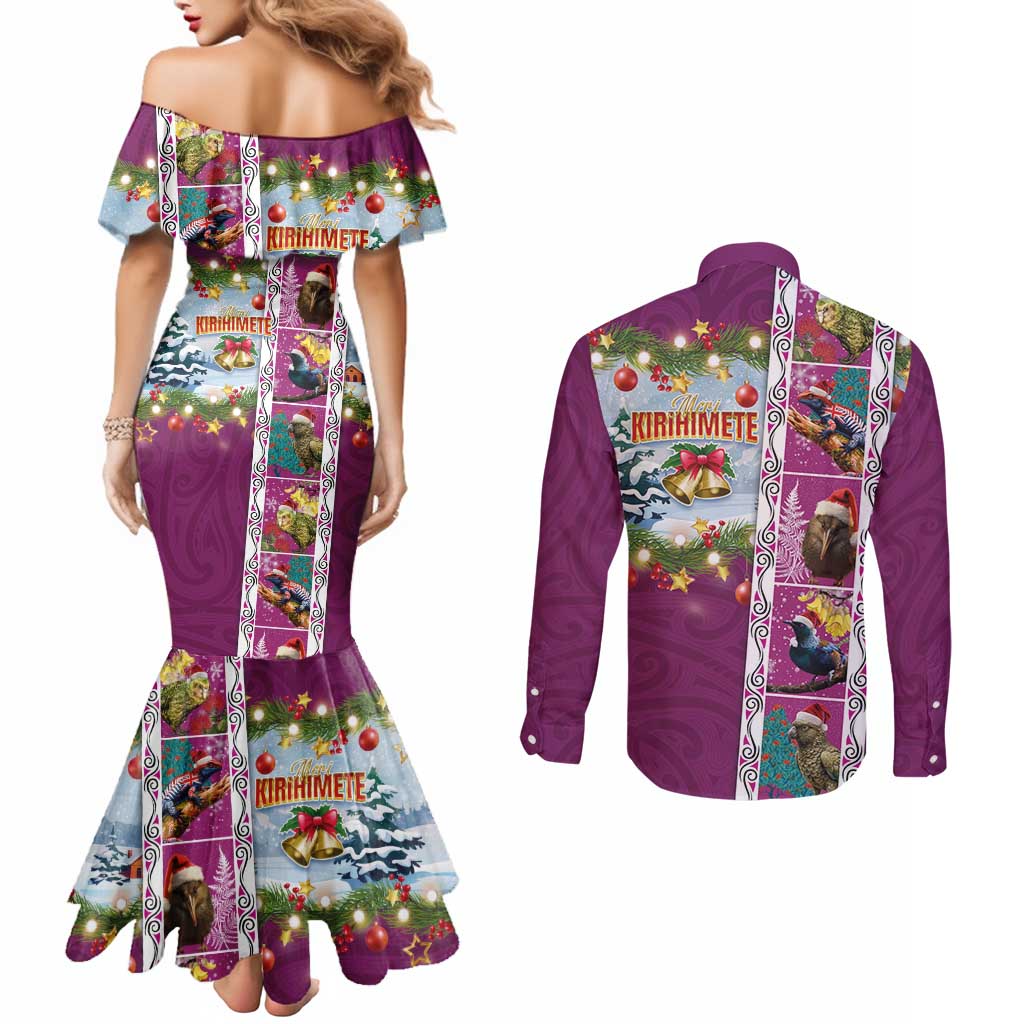 New Zealand Merry Christmas Couples Matching Mermaid Dress and Long Sleeve Button Shirt Maori Animals, Koru Tattoo - Pink Xmas Style