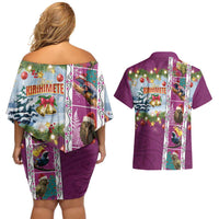 New Zealand Merry Christmas Couples Matching Off Shoulder Short Dress and Hawaiian Shirt Maori Animals, Koru Tattoo - Pink Xmas Style