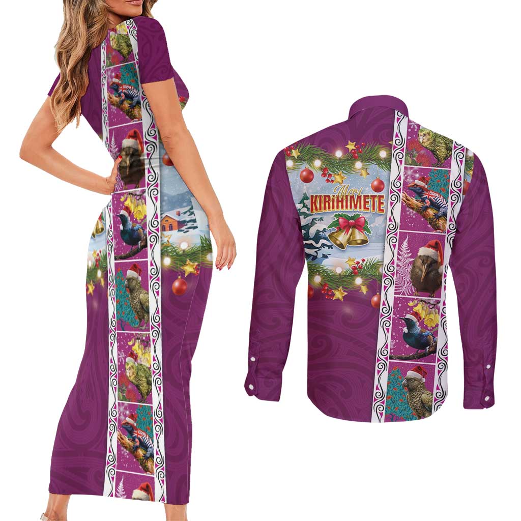 New Zealand Merry Christmas Couples Matching Short Sleeve Bodycon Dress and Long Sleeve Button Shirt Maori Animals, Koru Tattoo - Pink Xmas Style