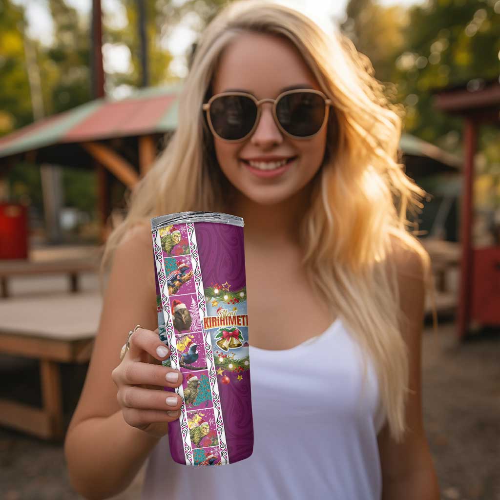 New Zealand Merry Christmas Skinny Tumbler Maori Animals Xmas Style and Koru Tattoo Pink Color