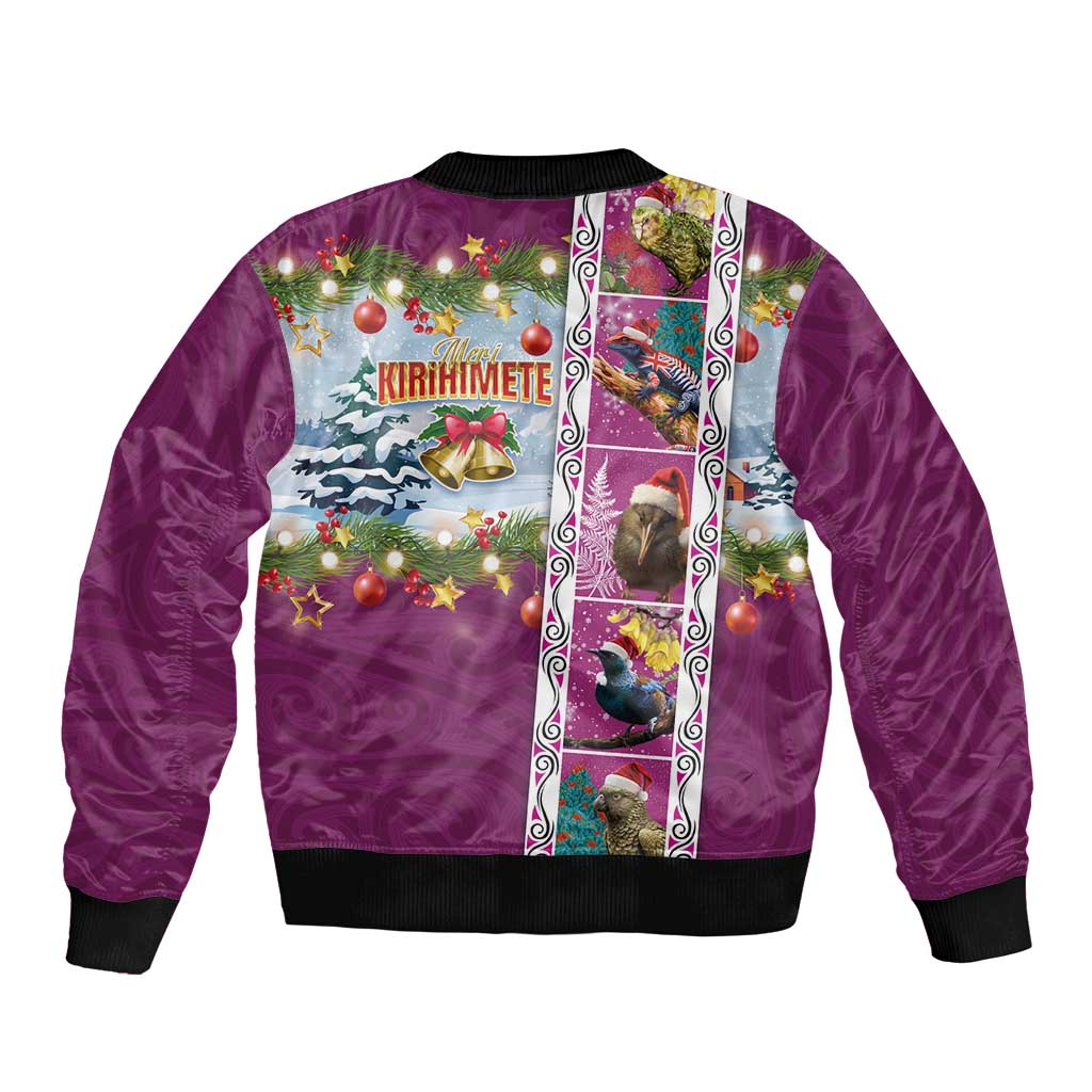 New Zealand Merry Christmas Sleeve Zip Bomber Jacket Maori Animals, Koru Tattoo - Pink Xmas Style