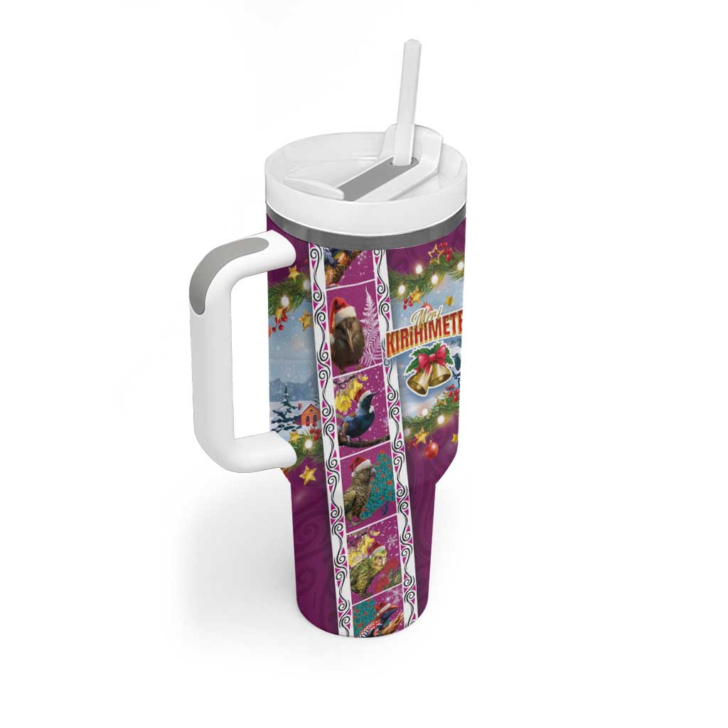 New Zealand Merry Christmas Tumbler With Handle Maori Animals Xmas Style and Koru Tattoo Pink Color