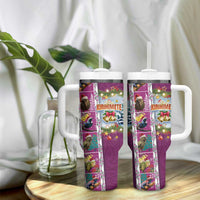 New Zealand Merry Christmas Tumbler With Handle Maori Animals Xmas Style and Koru Tattoo Pink Color