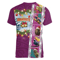 New Zealand Merry Christmas Women V-Neck T-Shirt Maori Animals, Koru Tattoo - Pink Xmas Style