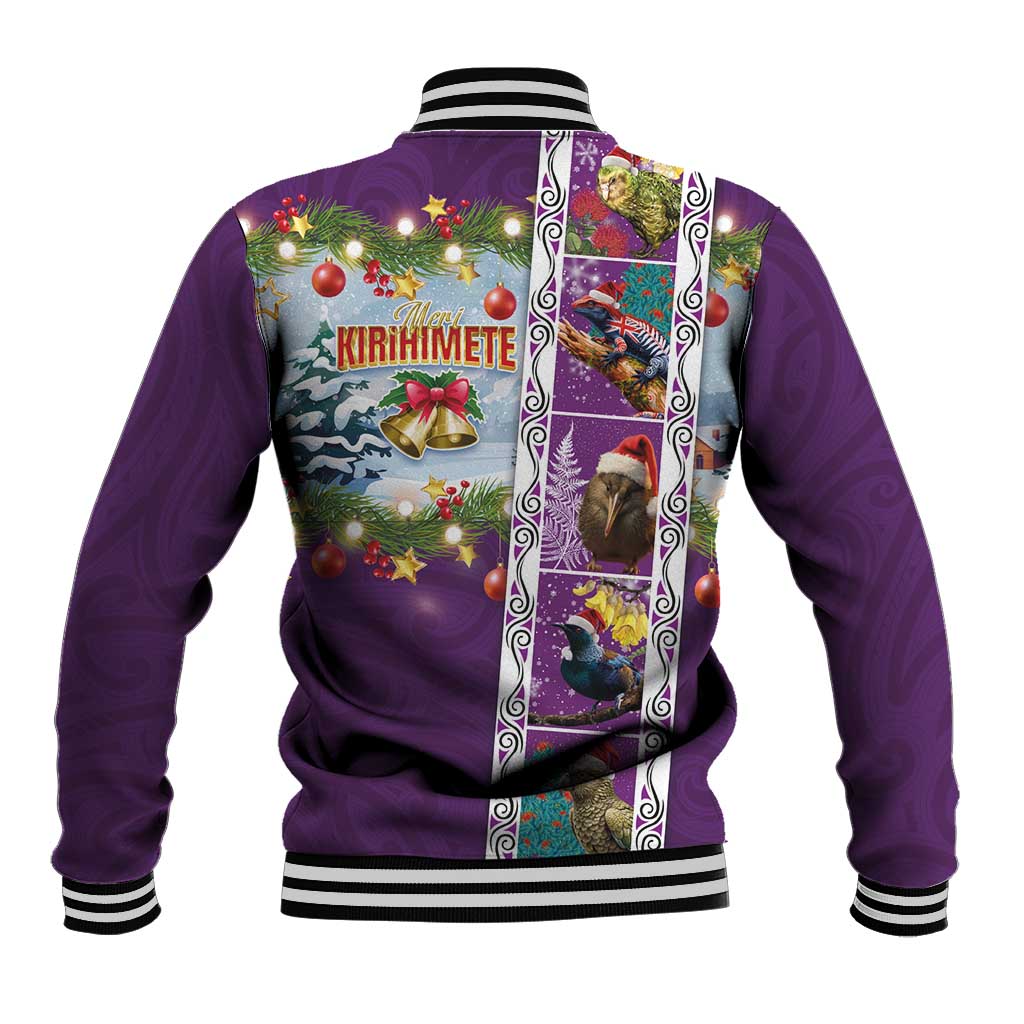 New Zealand Merry Christmas Baseball Jacket Maori Animals, Koru Tattoo - Purple Xmas Style