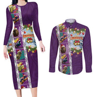 New Zealand Merry Christmas Couples Matching Long Sleeve Bodycon Dress and Long Sleeve Button Shirt Maori Animals, Koru Tattoo - Purple Xmas Style