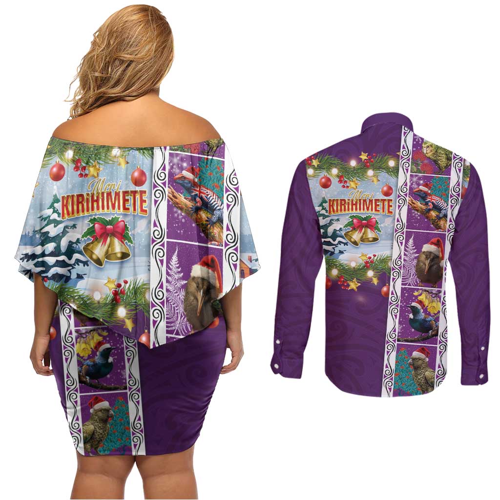 New Zealand Merry Christmas Couples Matching Off Shoulder Short Dress and Long Sleeve Button Shirt Maori Animals, Koru Tattoo - Purple Xmas Style