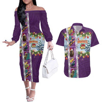 New Zealand Merry Christmas Couples Matching Off The Shoulder Long Sleeve Dress and Hawaiian Shirt Maori Animals, Koru Tattoo - Purple Xmas Style