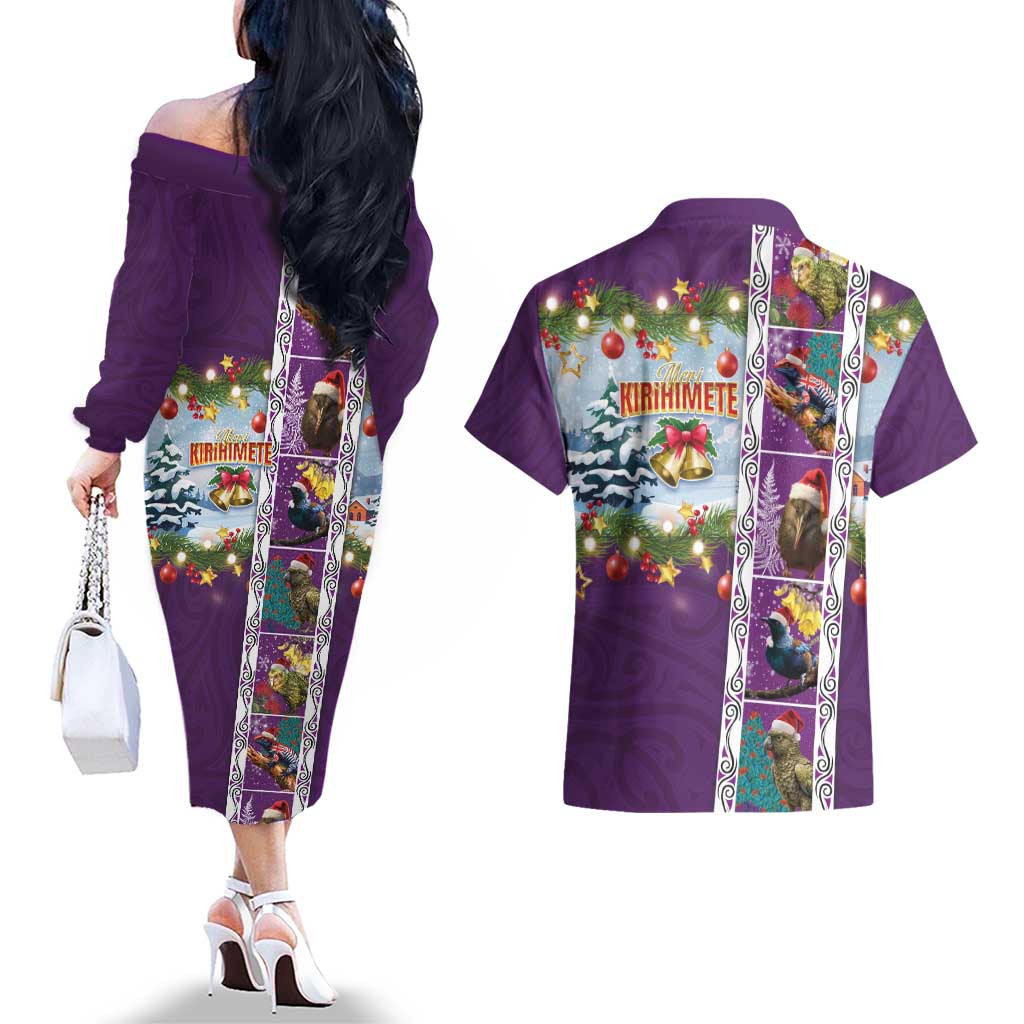 New Zealand Merry Christmas Couples Matching Off The Shoulder Long Sleeve Dress and Hawaiian Shirt Maori Animals, Koru Tattoo - Purple Xmas Style