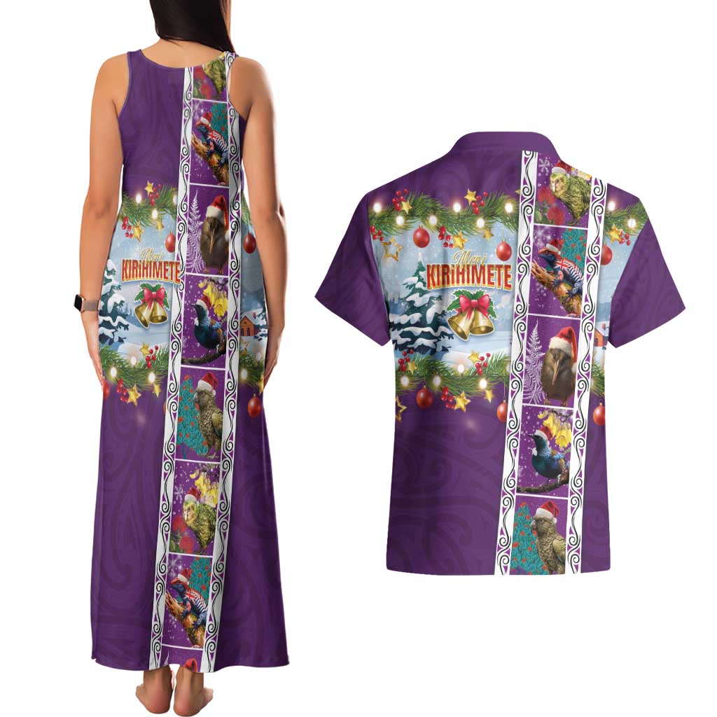 New Zealand Merry Christmas Couples Matching Tank Maxi Dress and Hawaiian Shirt Maori Animals, Koru Tattoo - Purple Xmas Style