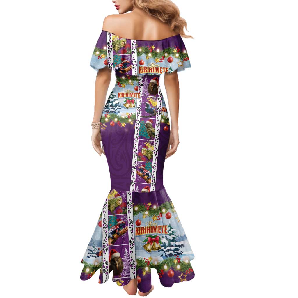 New Zealand Merry Christmas Family Matching Mermaid Dress and Hawaiian Shirt Maori Animals, Koru Tattoo - Purple Xmas Style