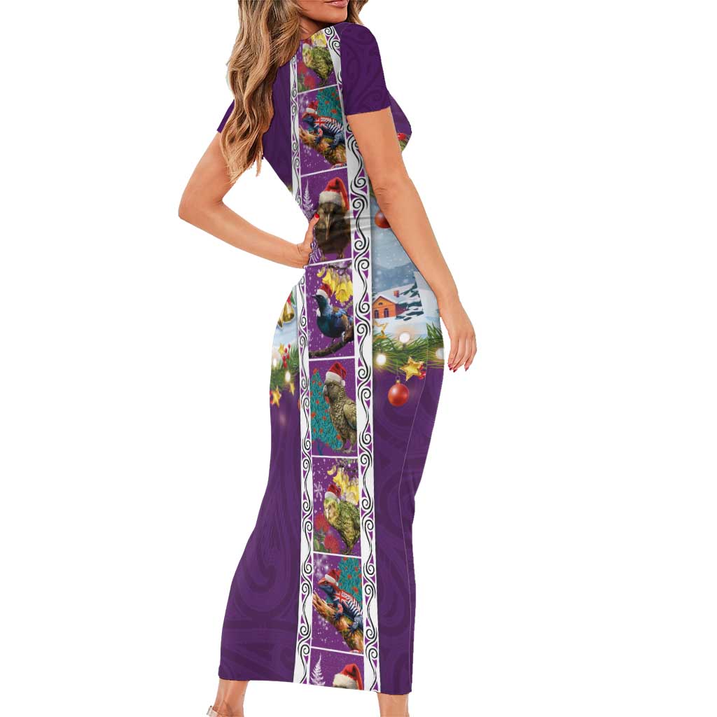 New Zealand Merry Christmas Family Matching Short Sleeve Bodycon Dress and Hawaiian Shirt Maori Animals, Koru Tattoo - Purple Xmas Style