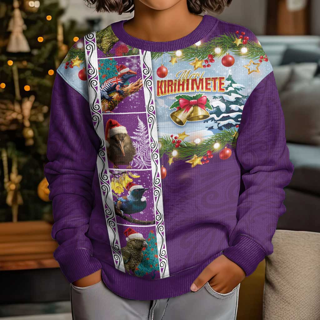 New Zealand Merry Christmas Kid Ugly Christmas Sweater Maori Animals, Koru Tattoo - Purple Xmas Style