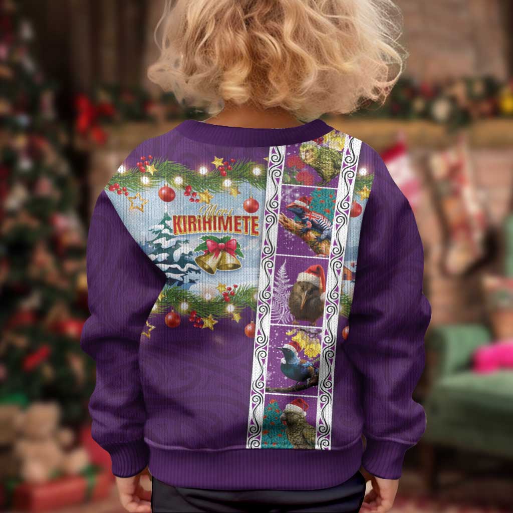New Zealand Merry Christmas Kid Ugly Christmas Sweater Maori Animals, Koru Tattoo - Purple Xmas Style