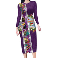 New Zealand Merry Christmas Long Sleeve Bodycon Dress Maori Animals, Koru Tattoo - Purple Xmas Style
