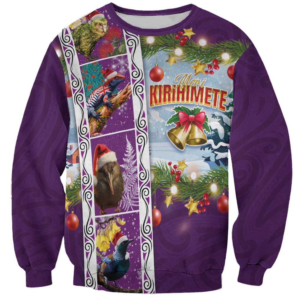New Zealand Merry Christmas Sweatshirt Maori Animals, Koru Tattoo - Purple Xmas Style