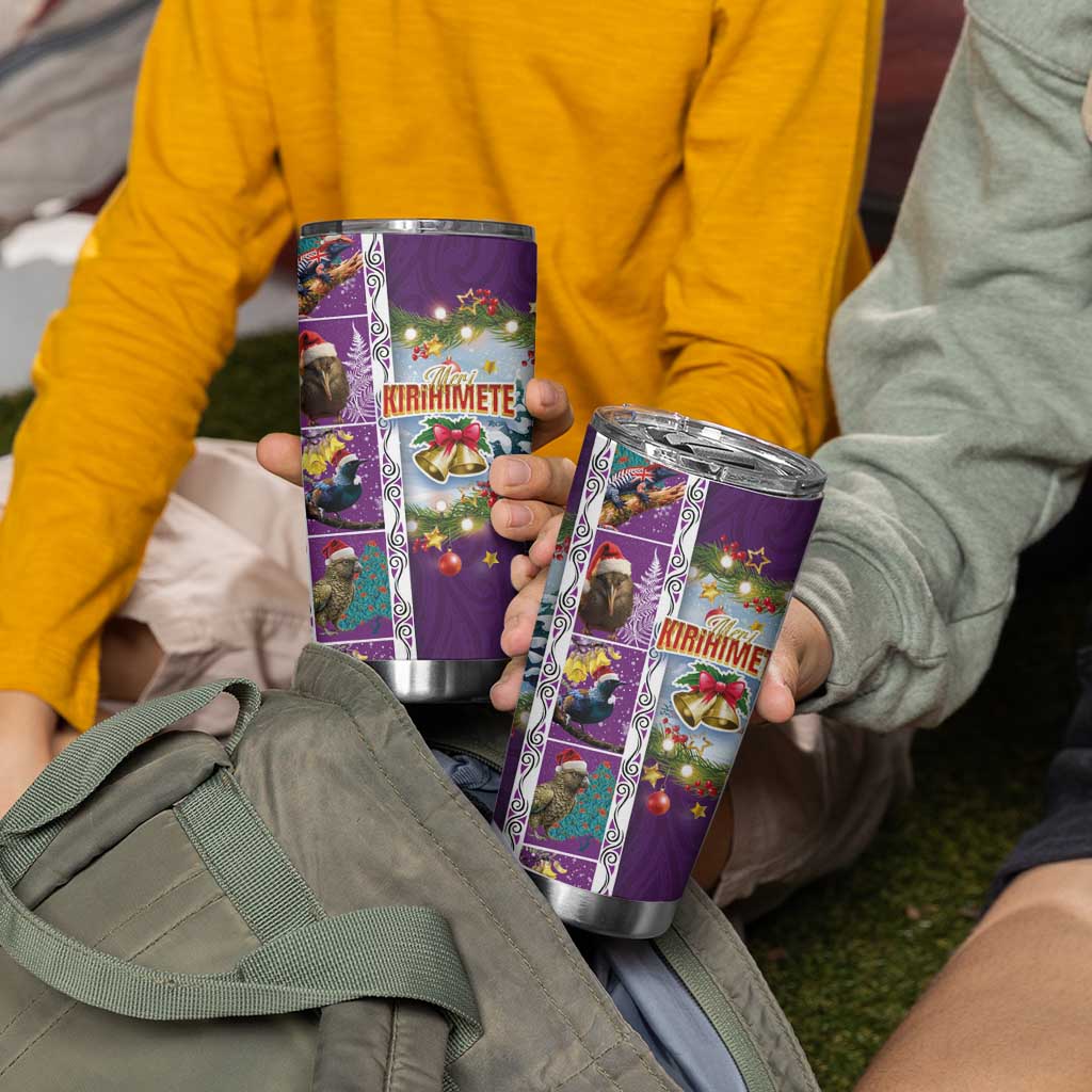 New Zealand Merry Christmas Tumbler Cup Maori Animals Xmas Style and Koru Tattoo Purple Color