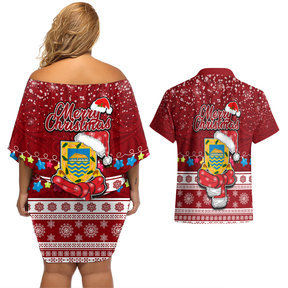 Tuvalu Christmas Couples Matching Off Shoulder Short Dress and Hawaiian Shirt Snowman and Tuvalu Coat of Arms Maori Tribal Xmas Style LT03 - Polynesian Pride