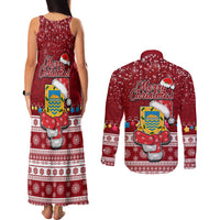 Tuvalu Christmas Couples Matching Tank Maxi Dress and Long Sleeve Button Shirt Snowman and Tuvalu Coat of Arms Maori Tribal Xmas Style LT03 - Polynesian Pride