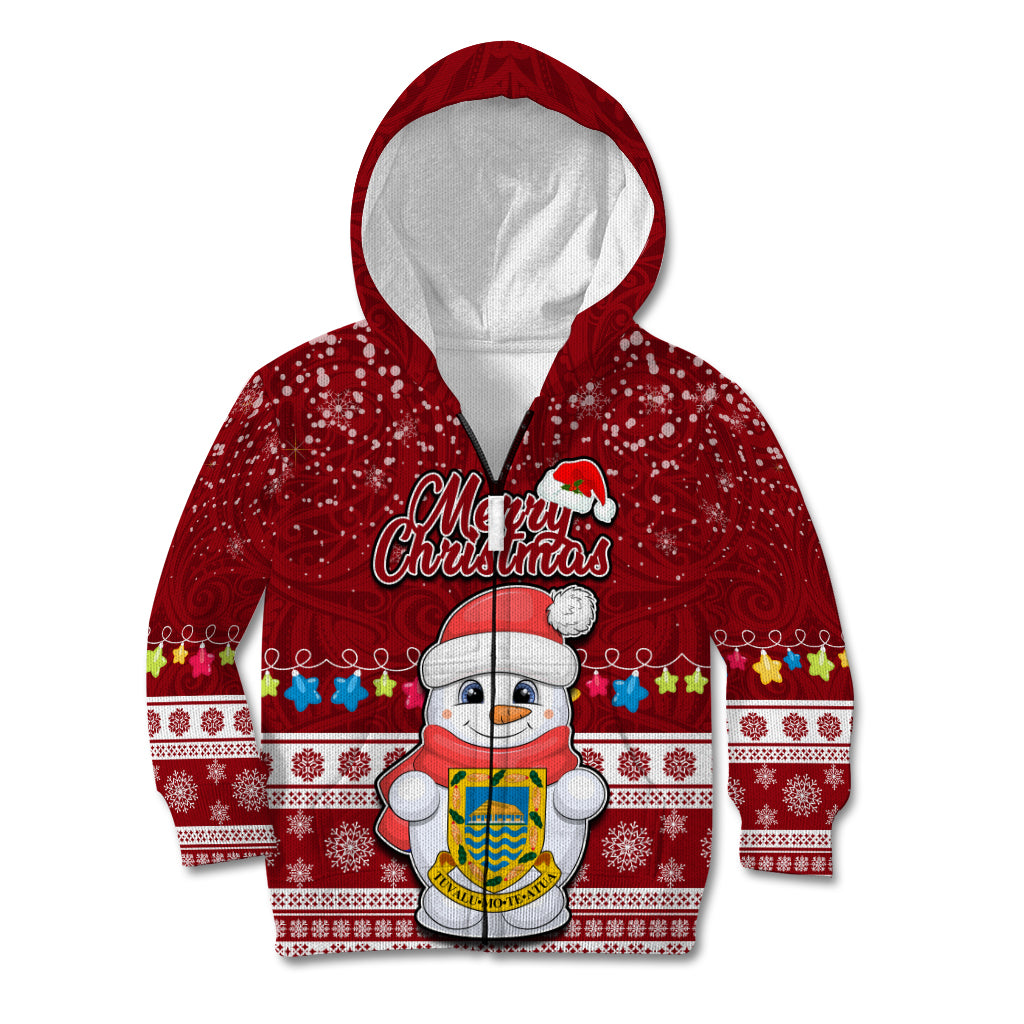 Tuvalu Christmas Kid Hoodie Snowman and Tuvalu Coat of Arms Maori Tribal Xmas Style LT03 Zip Hoodie Red - Polynesian Pride